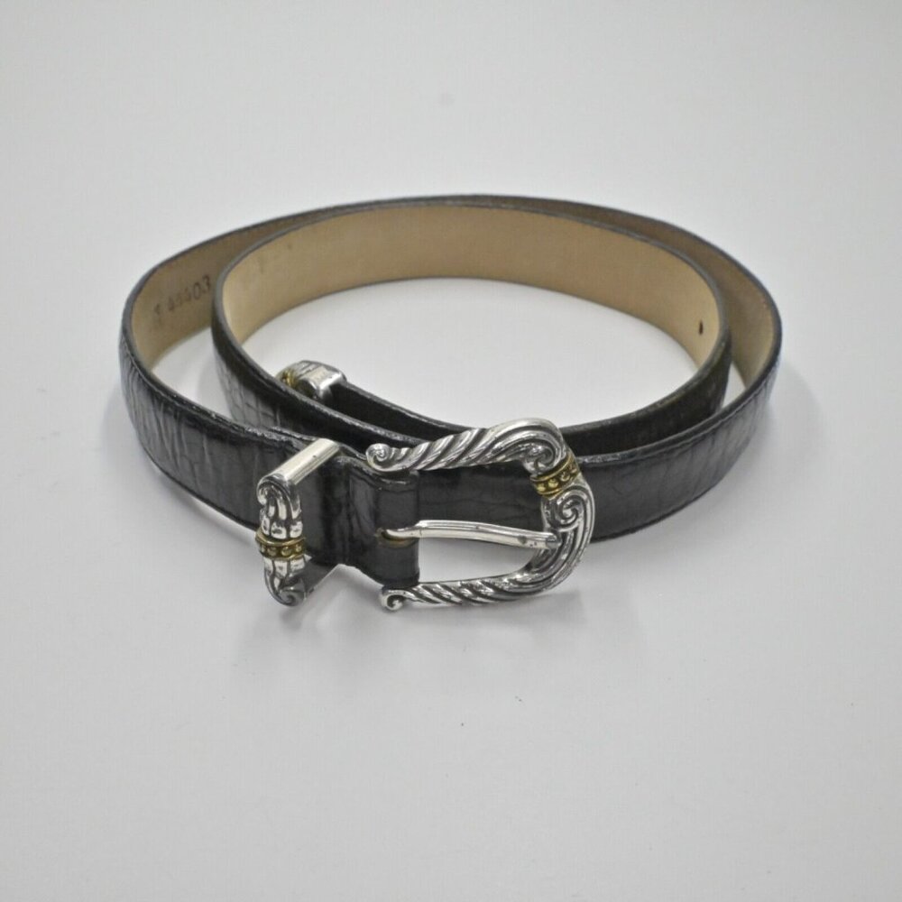 Vtg BRIGHTON Belt Womens Size L/34 Black Croc Embossed Leather Mix Metal Buckle - Picture 2 of 10